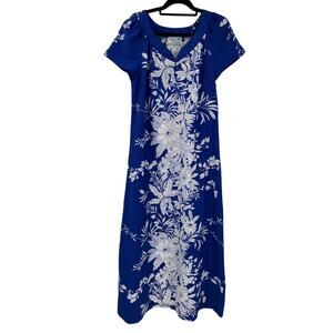 Vintage Sand Pebble Hawaii Blu White Tropical Floral Maxi Lightweight Dress Mumu
